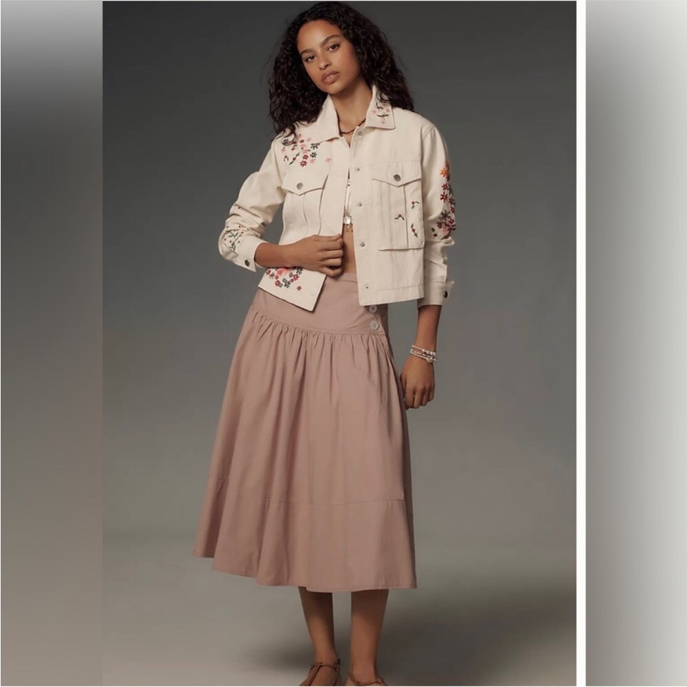 DOLAN Anthropologie Floral Embroidered cream denim jean Jacket size Large new - Picture 3 of 7